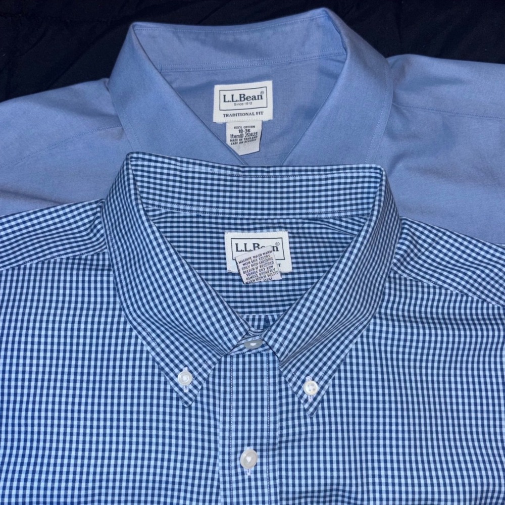 Lot of 2 L.L. Bean Button Down Shirts Mens 18-36 Blue Gingham Traditional Fit